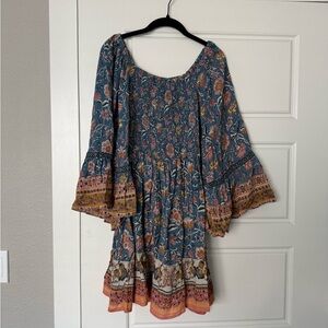 Angie Long Sleeve Floral Dress in Blue and Brown